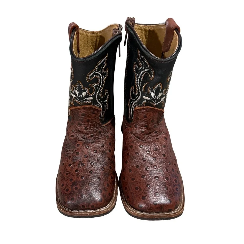 Unbranded Western Boots Kids 7 EUC Brown Black Leather Ostrich Square Toe